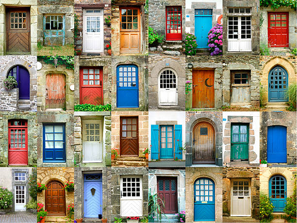 a photo of many colourful doors